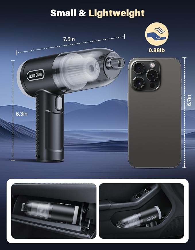 Car Vacuum Portable Cordless, 20000Pa Handheld Vacuum Mini Vacuum Cleaner High Power with Best Suction Brushless Motor, 4 in 1 2-Speed Air Duster Portable Vacuum for Car Keyboard Pet Hair