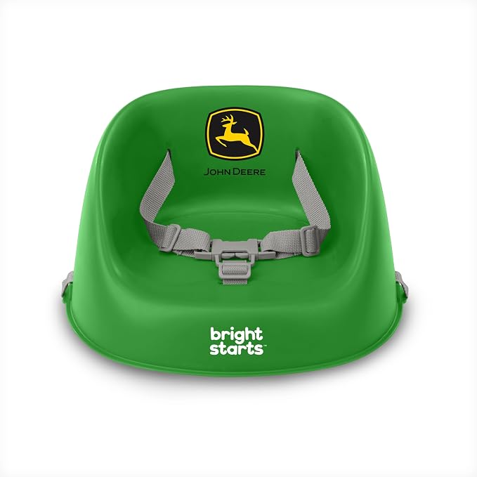 Bright Starts John Deere My Spot Easy-Clean Booster Seat, Portable Dining Chair Booster with 3-Point Harness, Green, 6 Months - Toddler