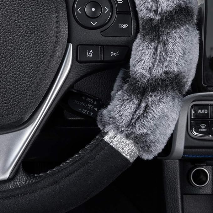 BDK Bear Fur Plush Steering Wheel Cover - Cute Faux Wool Protector for Women Girls Fits Wheels 14.5-15 inch Two Tone Black/Gray - with Glitter