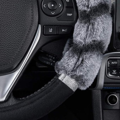 BDK Bear Fur Plush Steering Wheel Cover - Cute Faux Wool Protector for Women Girls Fits Wheels 14.5-15 inch Two Tone Black/Gray - with Glitter