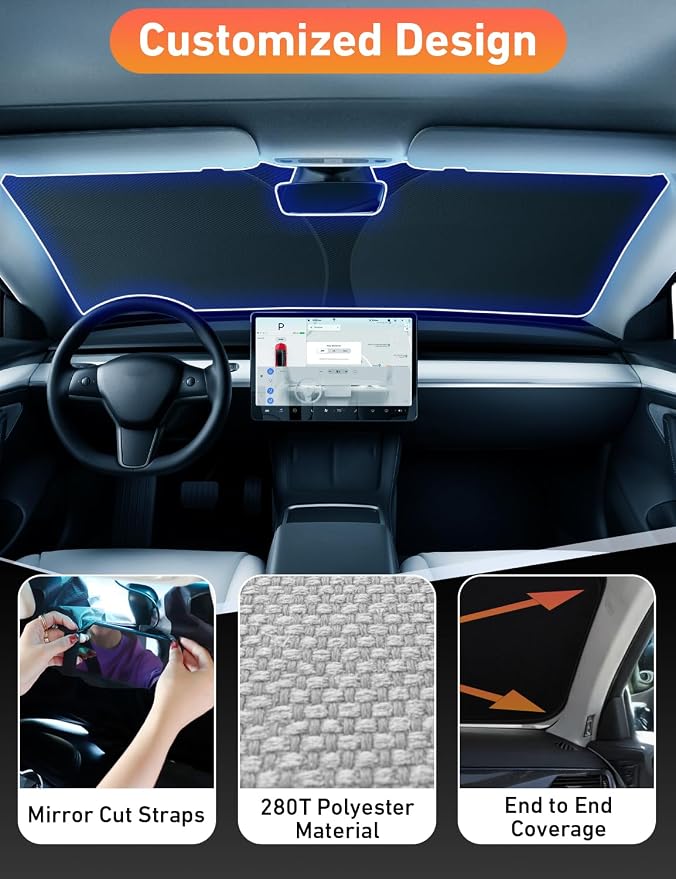 EcoNour Windshield Sun Shade Compatible for Tesla Model 3 & Model Y Juniper 2017-2024 2025 2026, Sun Visor for EV Front Window Sunshade, Foldable Heat & UV Protector, Car Accessories