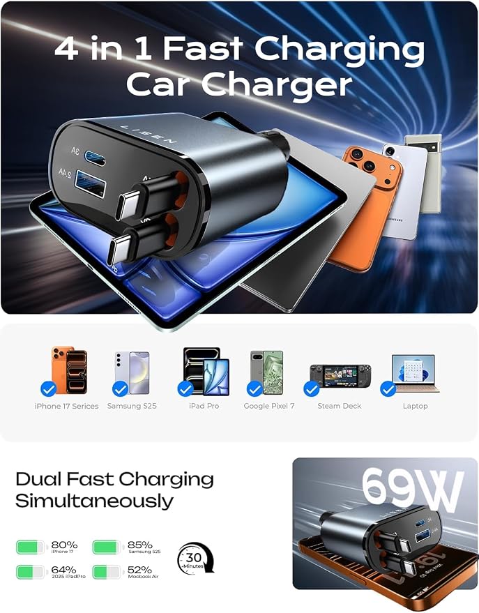 LISEN Retractable Car Charger USB C [Upgraded Dual Type C] 75W Fast 4 in 1 Car Charger for iPhone 17, Road Trip Essentials Gifts for Men Women, Car Accessories for Galaxy S26 Phone 17e 16 15 Pro Max