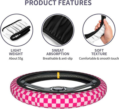 Pink Checkered Steering Wheel Cover Checkered hot Pink Steering Wheel Cover of Wome Anti-Slip Breathable Universal 14-15 Inch Car with 2 Pcs Car Coasters Suitable Men Women