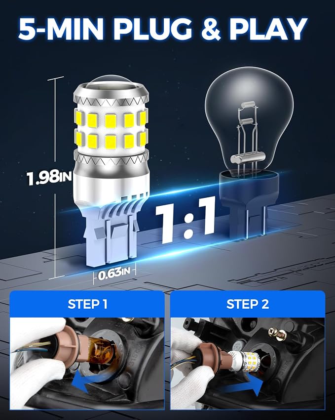 Marsauto Upgraded 7443 7440 LED Bulbs for Reverse Lights, T20 7441 7444 Replacement with Projector for Backup Tail Brake Signal Parking DRL Lights, 6000K Xenon White Pack of 2