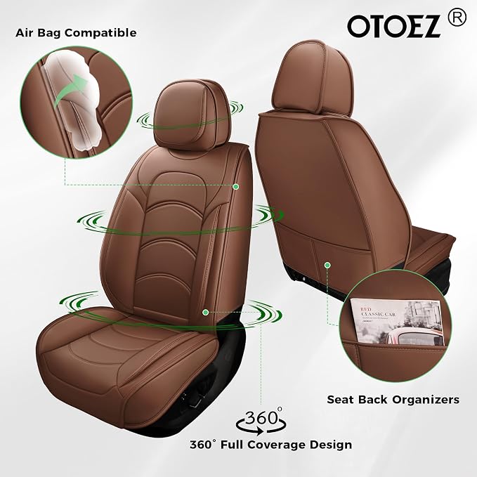 otoez Car Seat Covers Full Set, 5 Seats Waterproof Universal Leather Seat Cover for Cars, Front Rear Automotive Interior Protectors Full Coverage for Most Cars Sedens Trucks SUVs, Brown