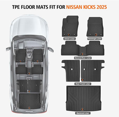 All Weather Car Floor Mats Cargo Liner with Backrest Mat for 2025 2026 Nissan Kicks SV/SR 2-Row, TPE Rubber Floor Liners Full Set Automotive Mats for 2025 2026 Nissan Kicks Accessories