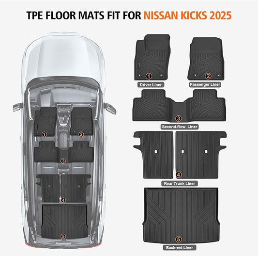 All Weather Car Floor Mats Cargo Liner with Backrest Mat for 2025 2026 Nissan Kicks SV/SR 2-Row, TPE Rubber Floor Liners Full Set Automotive Mats for 2025 2026 Nissan Kicks Accessories