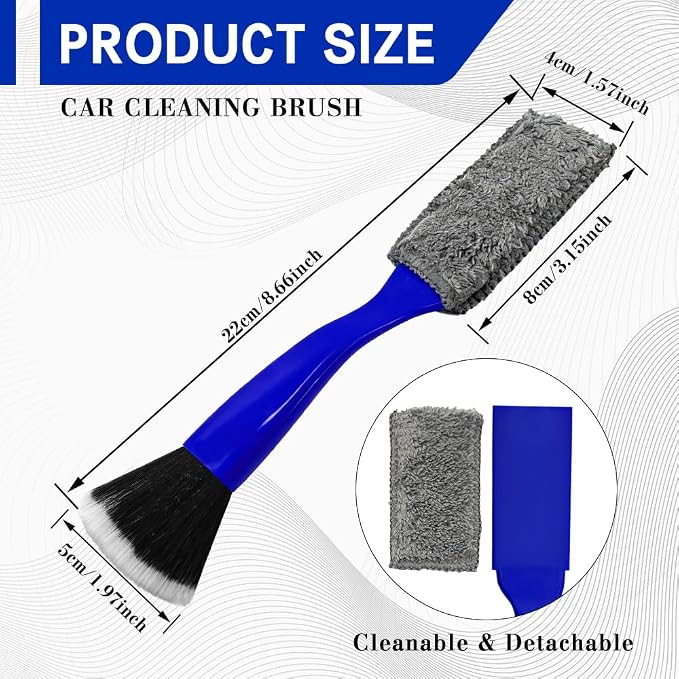 Car Double Head Clean Brush, Car Brushes for Detailing Interior, Double Head Automotive Interior Cleaner Detail Brushes, Car Dust Detailing Brush for Air Vents Dashboard Screen (Blue)