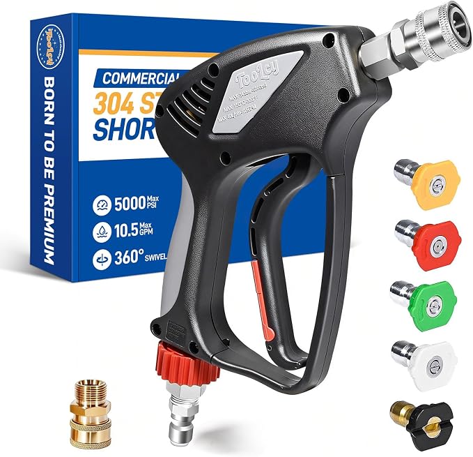 TOOLCY Pro Short Pressure Washer Gun 5000 PSI with Swivel, 304 Stainless Steel 3/8" Quick Connect Inlet, High Pressure Washer Gun with 1/4" Quick Connect, Includes 3/8" QC to M22-14mm Adapter