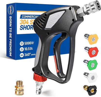 TOOLCY Pro Short Pressure Washer Gun 5000 PSI with Swivel, 304 Stainless Steel 3/8" Quick Connect Inlet, High Pressure Washer Gun with 1/4" Quick Connect, Includes 3/8" QC to M22-14mm Adapter