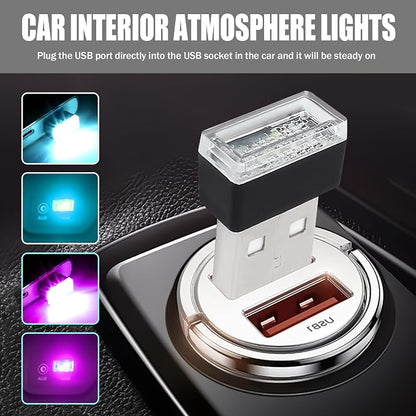 4 PCS USB LED Car Interior Atmosphere Lamp, Portable Mini Auto LED Decor Night Light, Plug-in USB Interface Ambient Lighting Kit, Universal Car Interior Accessories (Purple+Ice Blue)