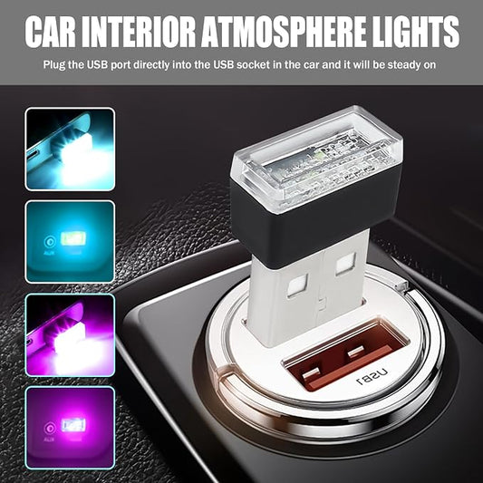 4 PCS USB LED Car Interior Atmosphere Lamp, Portable Mini Auto LED Decor Night Light, Plug-in USB Interface Ambient Lighting Kit, Universal Car Interior Accessories (Purple+Ice Blue)