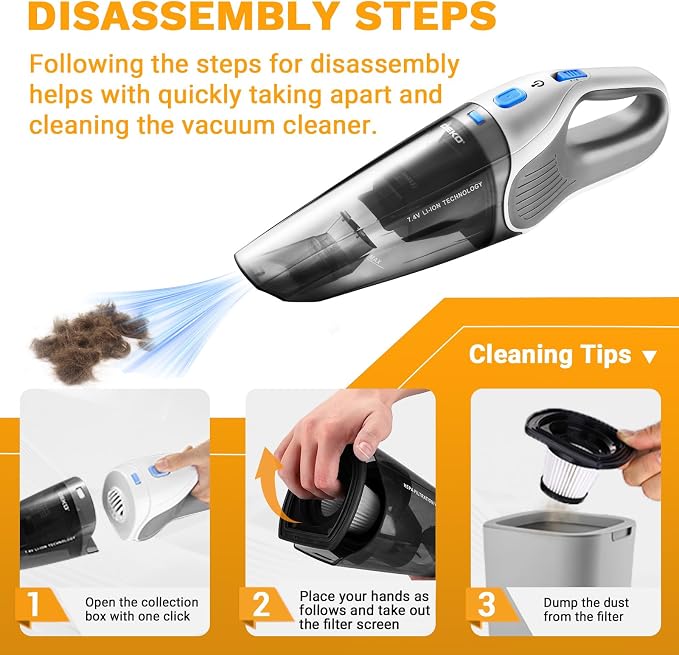 DEKOPRO Cordless Handheld Portable Vacuum Cleaner, Small Rechargeable with 8000PA Powerful Suction, Car Vacuum with Multi Accessories to Clean Home, Pet Hair and Car, White