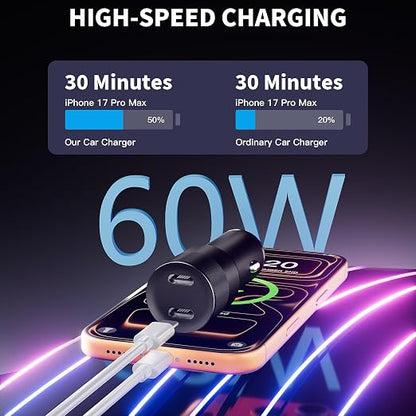 USB C Car Charger, 2Pack 60W Dual USB C Adapter Fast Charging Power Delivery Adapter Fast Type C Car Charger Plug Compatible with iPhone 17/17 Pro/17 Pro Max/16 Plus/15 Pro/Galaxy S26/S25/Pixel(Black)