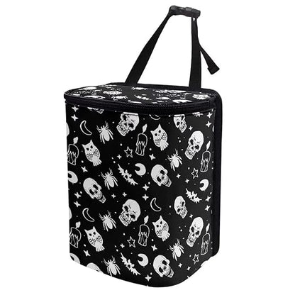 Gothic Skull Moon Star Owl Halloween Print Car Trash Can for Back Seat Leakproof Garbage Can with Lid Portable Collapsible Trash Bin Hanging Backseat Truck Organizer Car Accessories