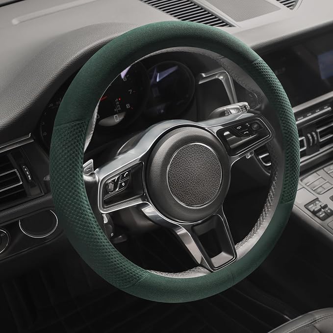 Suede Steering Wheel Cover with Upgraded Silicone Inner Ring, Breathable, Anti-Slip, Leather Universal 14.5 to 15 Inch Steering Wheel Cover (Green with Embossing Pattern)