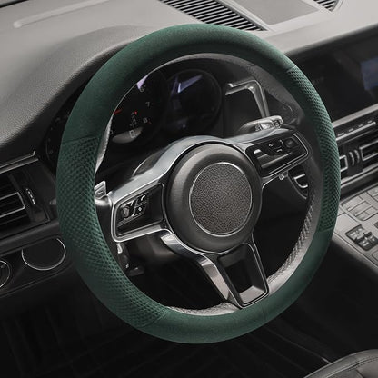 Suede Steering Wheel Cover with Upgraded Silicone Inner Ring, Breathable, Anti-Slip, Leather Universal 14.5 to 15 Inch Steering Wheel Cover (Green with Embossing Pattern)
