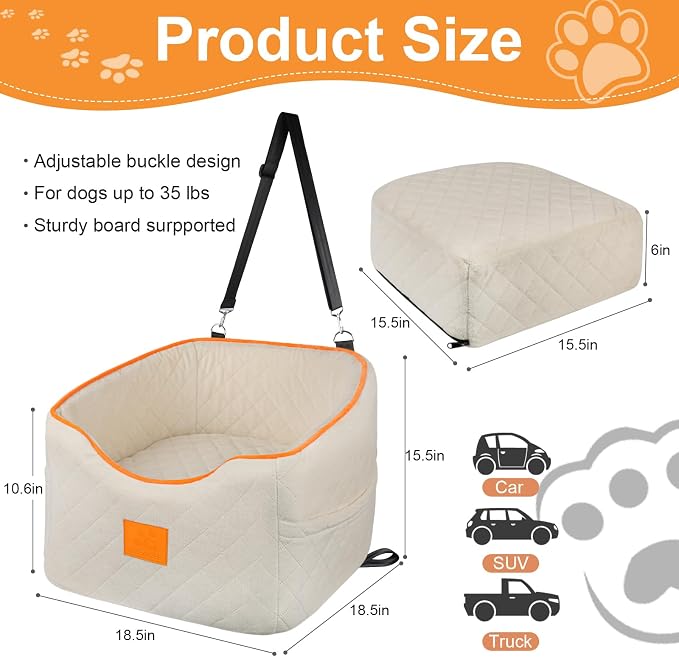 XIEEAOZEE Dog Car Seat for Small Dogs, Memory Foam Booster Dog Seat for Dogs up to 35 lbs, Elevated Pet Car Seat, Travel Safety Pet Seat with Washable Removable Cover, Storage Pockets (Beige)