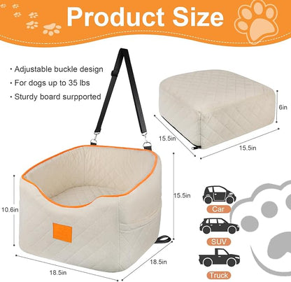 XIEEAOZEE Dog Car Seat for Small Dogs, Memory Foam Booster Dog Seat for Dogs up to 35 lbs, Elevated Pet Car Seat, Travel Safety Pet Seat with Washable Removable Cover, Storage Pockets (Beige)