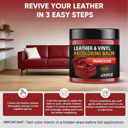 Leather Recoloring Balm - Scratch Repair & Color Restore Kit for Faded Leather, Leather Couch & Car Seats - 10OZ Leather Restorer Balm for Furniture, Auto Interior, Vinyl, Accessories (Maroon)
