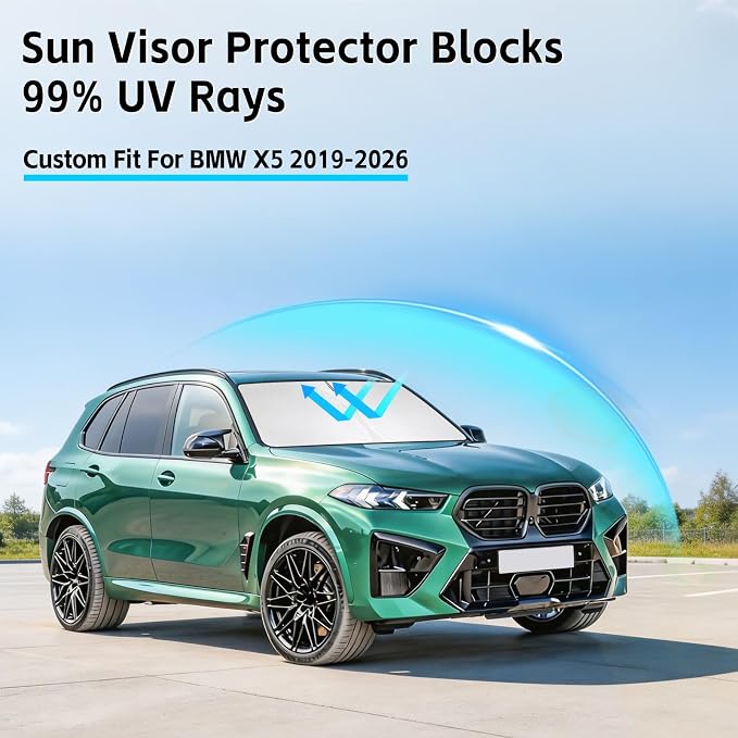 Windshield Sun Shade for BMW X5 2019-2026 Sunshade 300T Windshield Cover Sun Shield Blocks UV Rays Custom Fit X5 Front Window Shade Sun Visor Foldable Keep Cool
