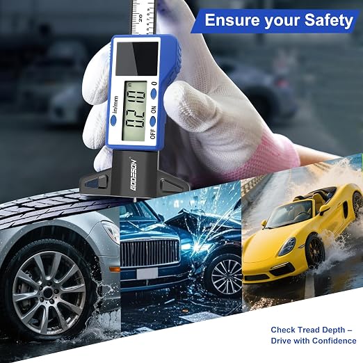 GODESON Digital Tire Tread Depth Gauge – Solar & Battery Hybrid, Inch/MM Modes, 1"/25.4mm Range, Blue Accurate Tread Depth Gauge Tool for Cars, Trucks & Motorcycles Tire Wear Check