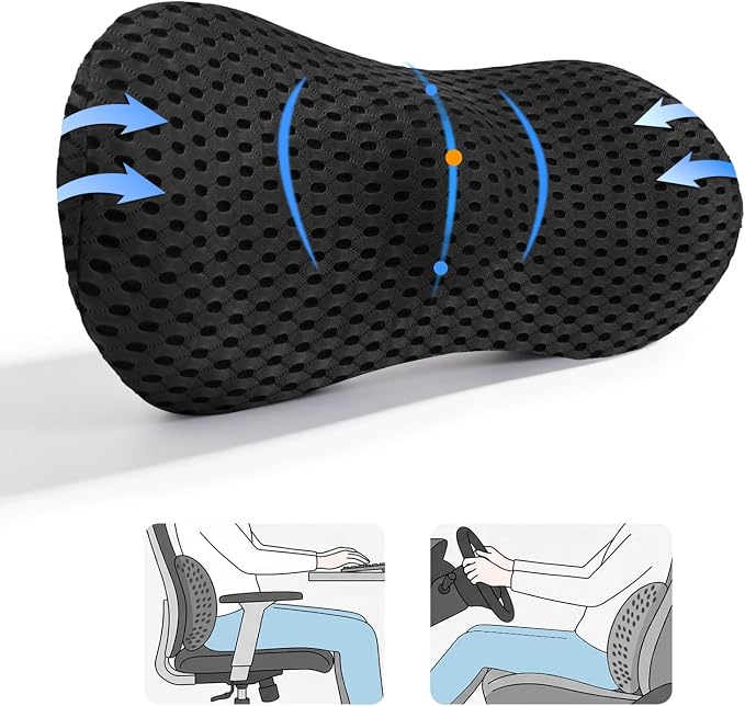 Lumbar Support Pillow, Memory Foam Lumbar Pillow for Office Chair and Car Seat, Back Pillow for Lower Back Pain Relief, Back Support Pillow for Sitting, Driving, Traveling (Dark Black)
