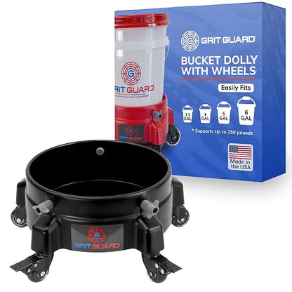 GRIT GUARD Bucket Dolly with Wheels - Rolling Detailing Wash Bucket with 5 Wheels and 2 Locking Casters Compatible with 2.5, 4, 5 and 6 Gallon Buckets (Black, 2" Roller Bearing) - Made in the USA