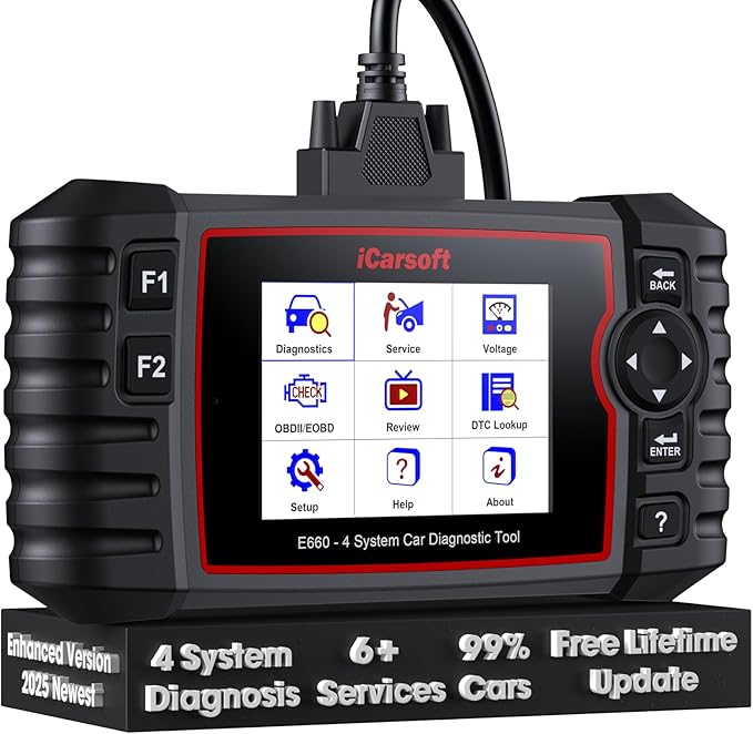 iCarsoft E660 2026 Version 4 Systems OBD2 Scanner, ABS SRS Engine Transmission Car Code Reader with 6 Reset Service Clear Fault Codes Battery Test Diagnostic Scan Tools Lifetime Free Upgrade