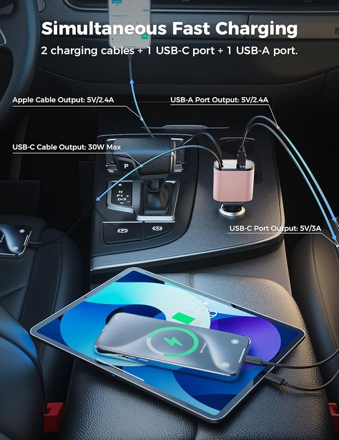 SUPERONE 【Upgraded】 Retractable Car Charger 4 in 1, Fast Car Phone Charger with Cord 2.6ft, USB C Car Charger Adapter, Compatible with iPhone 17/16/15/15 Pro Max/14/13/12/11, Galaxy, Pixel