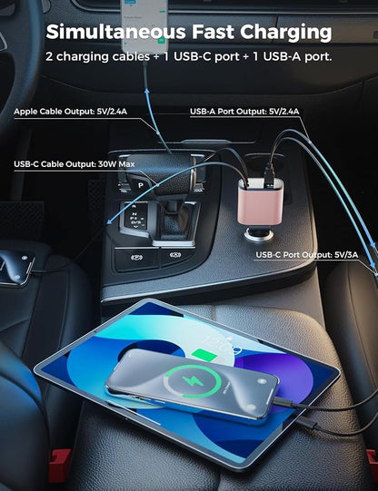 SUPERONE 【Upgraded】 Retractable Car Charger 4 in 1, Fast Car Phone Charger with Cord 2.6ft, USB C Car Charger Adapter, Compatible with iPhone 17/16/15/15 Pro Max/14/13/12/11, Galaxy, Pixel