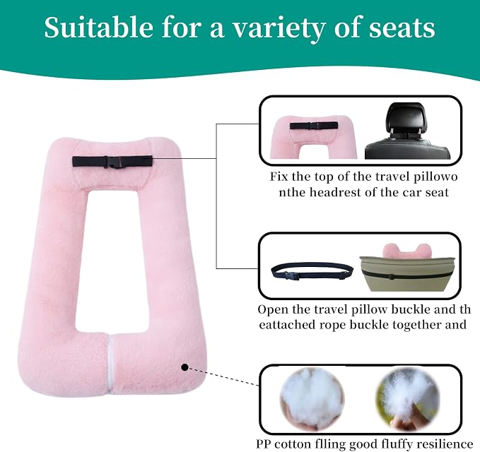 FHSGGP Travel Pillow Upgraded Version of Aircraft Travel Neck Pillow with Storage Bag, Sleep Pillows for Travel by Train, Car, or Plane, Supporting the Head and Body, Travel Pillow for Kids Pink
