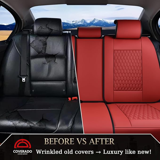 Coverado Rear Seat Covers, Leather Seat Cover for Car, Universal Waterproof Automotive Seat Cushion Protector for Most Cars Trucks SUV (Red)