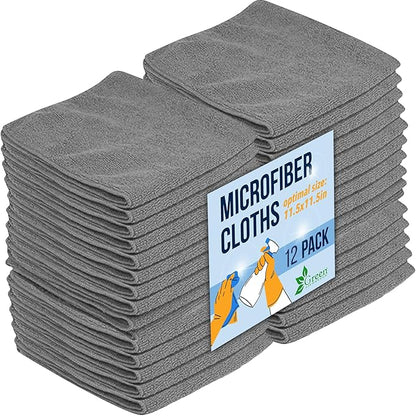 GREEN LIFESTYLE Microfiber Cleaning Cloth 11.5" x 11.5" 12 Pack - Edgeless Microfiber Towels for Cars, Cleaning Rags, Lint Free Car Microfiber Towel, Reusable Cleaning Cloths for House, Garage (Grey)