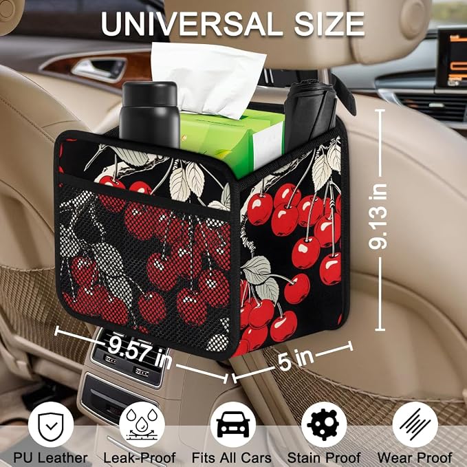Car Backseat Organizer, PU Leather Back of Seat Cars Hanging Organizer with Pockets Leakproof Car Garbage Bag Hanging Cars Seat Storage Box Travel Accessories Foldable (Cherry Black)