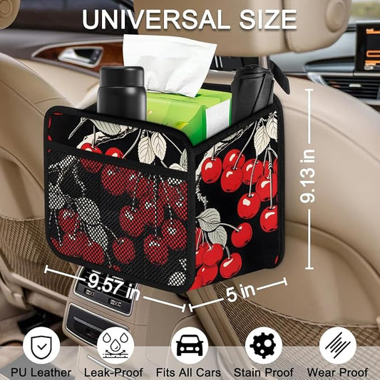 Car Backseat Organizer, PU Leather Back of Seat Cars Hanging Organizer with Pockets Leakproof Car Garbage Bag Hanging Cars Seat Storage Box Travel Accessories Foldable (Cherry Black)