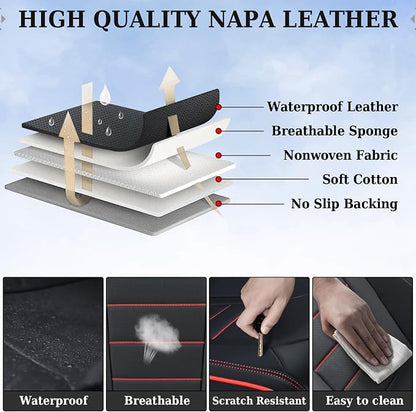 Coverado Seat Covers Full Set, Seat Covers for Cars, Car Seat Cover, Car Seat Protector, Nappa Leather Car Seat Cushion, Waterproof Car Seat Covers Front Seats and Back Fit for Most Cars (Redline)