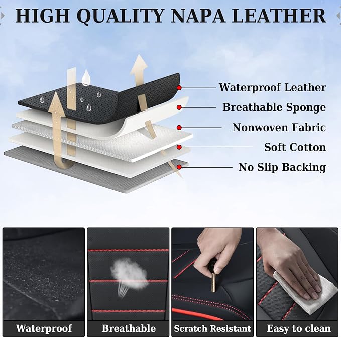 Coverado Seat Covers, Car Seat Covers Front Seats, Car Seat Cover, Car Seat Protector Waterproof, Car Seat Cushion Nappa Leather, Seat Covers for Cars Carseat Cover Universal Fit for Most Cars-Redline