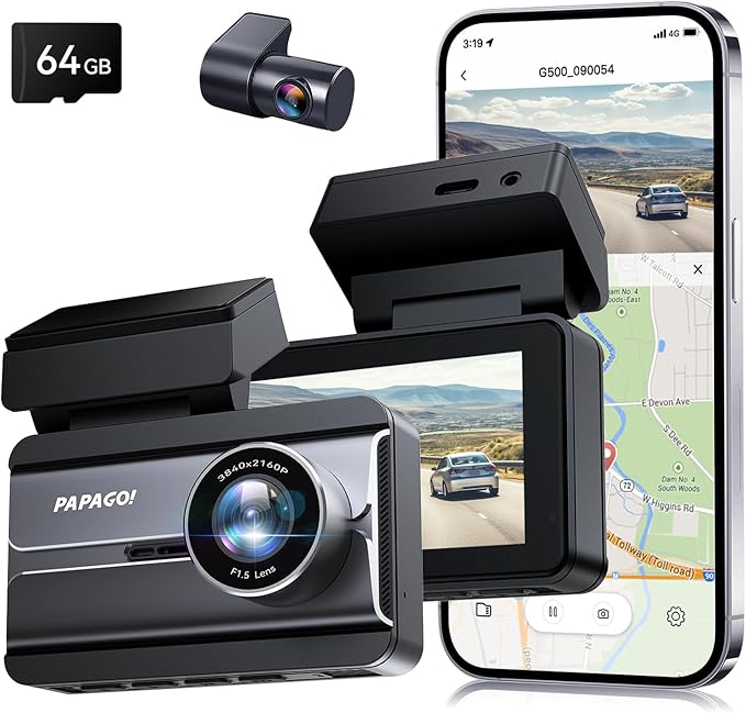 PAPAGO Dash Cam Front Rear, STARVIS Sensor 4K Full HD Dash Camera for Cars，Voice Control，5GHz Wi-Fi, Built-in GPS, Night Vision, WDR, G-Sensor, 64GB Card Included, 24H Parking Mode（G500）