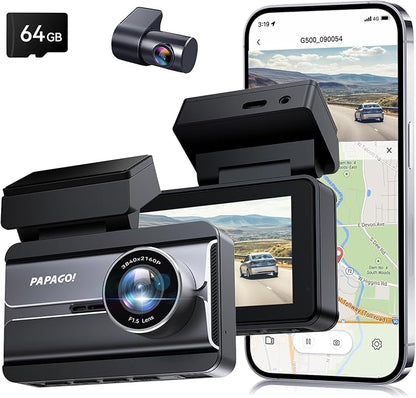 PAPAGO Dash Cam Front Rear, STARVIS Sensor 4K Full HD Dash Camera for Cars，Voice Control，5GHz Wi-Fi, Built-in GPS, Night Vision, WDR, G-Sensor, 64GB Card Included, 24H Parking Mode（G500）