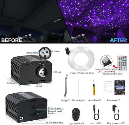 Car Starlight Headliner Kit, Twinkle & Sound Activated RGBW 16W 1100pcs*0.02in*9.8ft Fiber Optic Starlight Kit with APP& Remote Controlled, Star Lights for Ceiling Car Roof/Home Decor