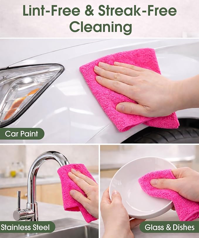 Microfiber Cleaning Cloth Roll - 100 Pack Tear Away Microfiber Paper Towels, Reusable, Washable, Scratch-Free, Kitchen Towels for Car, Home, Kitchen, Glass, Dishes (Hot Pink)