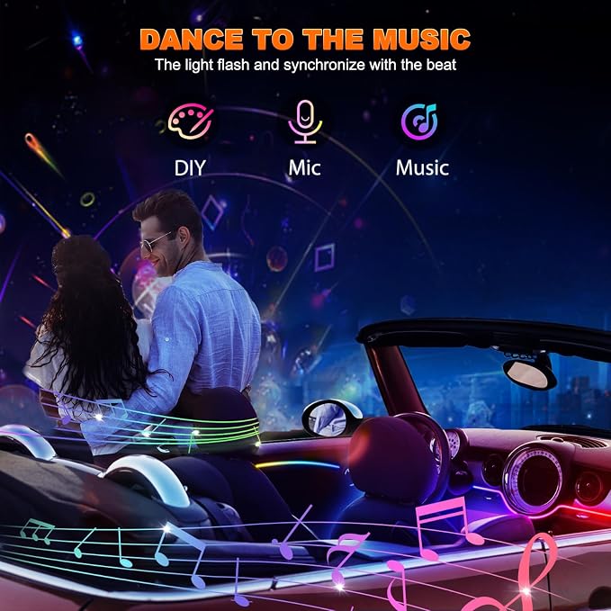 Jushope Interior Car LED Strip Lights, Acrylic LED Lights for Car with Dynamic Dreamcolor Chasing, Ambient Lighting Kits Music Sync Wireless APP and RF Remote Control (2 * 29.5'')