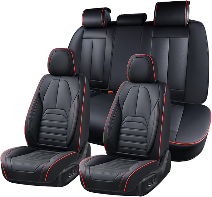 Coverado Car Seat Covers Full Set, Black Redline Seat Covers for Cars, Automotive Seat Covers, Waterproof Nappa Leather Front Seats and Back Car Seat Protector, Universal Fit for Most Cars SUV Trucks