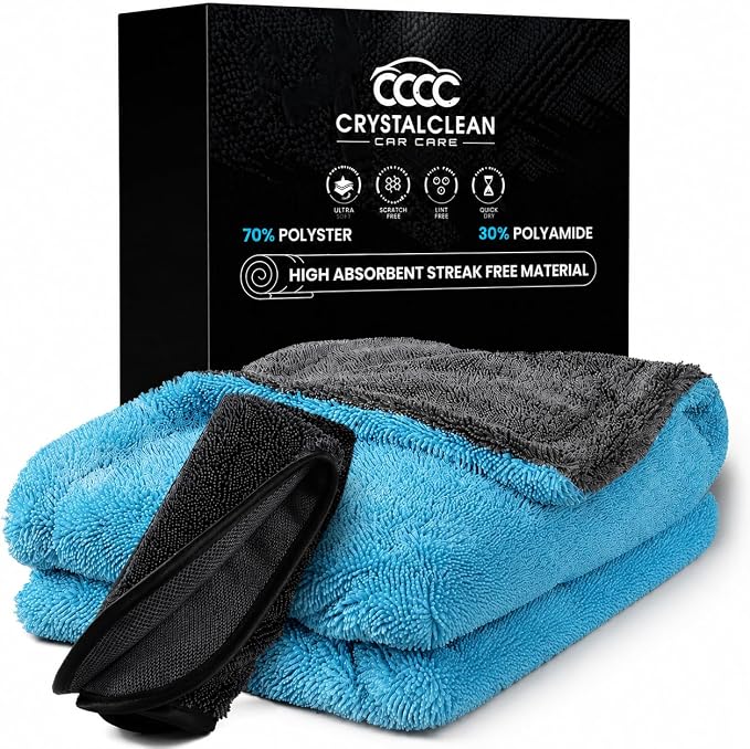 Crystal Clean 1300GSM Microfiber Towels for Cars – XL Drying Towel with Double Twisted Loop, Professional Detailing Towel Car Detailers - Quick Dry, Paint Safe & Swirl-Free (Grey+Blue)