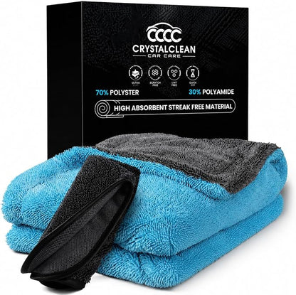 Crystal Clean 1300GSM Microfiber Towels for Cars – XL Drying Towel with Double Twisted Loop, Professional Detailing Towel Car Detailers - Quick Dry, Paint Safe & Swirl-Free (Grey+Blue)