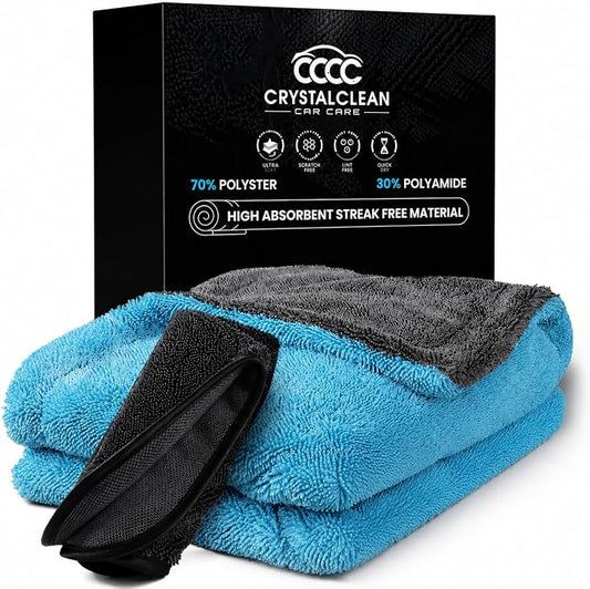 Crystal Clean 1300GSM Microfiber Towels for Cars – XL Drying Towel with Double Twisted Loop, Professional Detailing Towel Car Detailers - Quick Dry, Paint Safe & Swirl-Free (Grey+Blue)