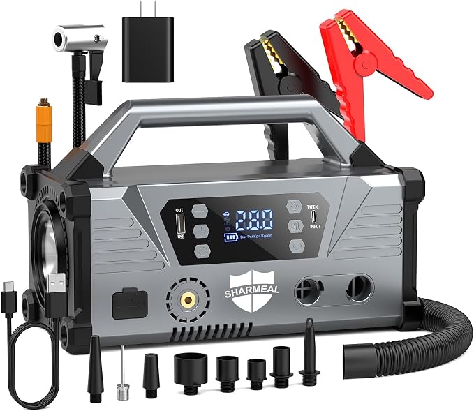 Sharmeal Jump Starter with Air Compressor，9000A Car Battery Jump Starter (All Gas/12.0L Diesel)，200PSI Car Battery Jumper Starter Portable 12V Jump Box with Jumper Cables, LED Light