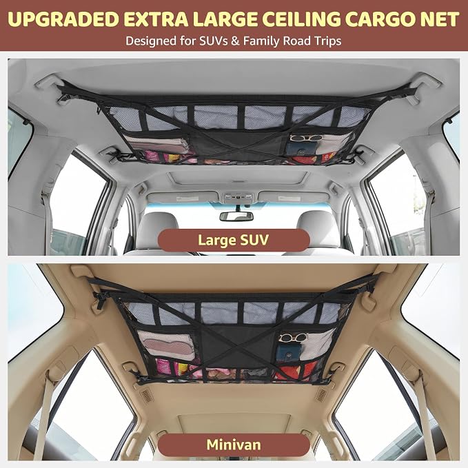 Extra Large Car Ceiling Cargo Net 43.3×27.5 Inch for SUV Minivan Truck Van,Roof Storage Organizer, Overhead Mesh Cargo Holder,Fits Most 4 Handle Vehicles for Road Trip Camping Travel