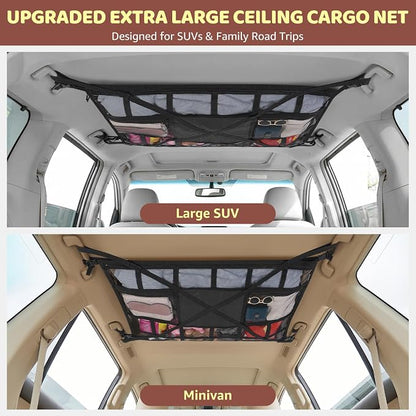 Extra Large Car Ceiling Cargo Net 43.3×27.5 Inch for SUV Minivan Truck Van,Roof Storage Organizer, Overhead Mesh Cargo Holder,Fits Most 4 Handle Vehicles for Road Trip Camping Travel